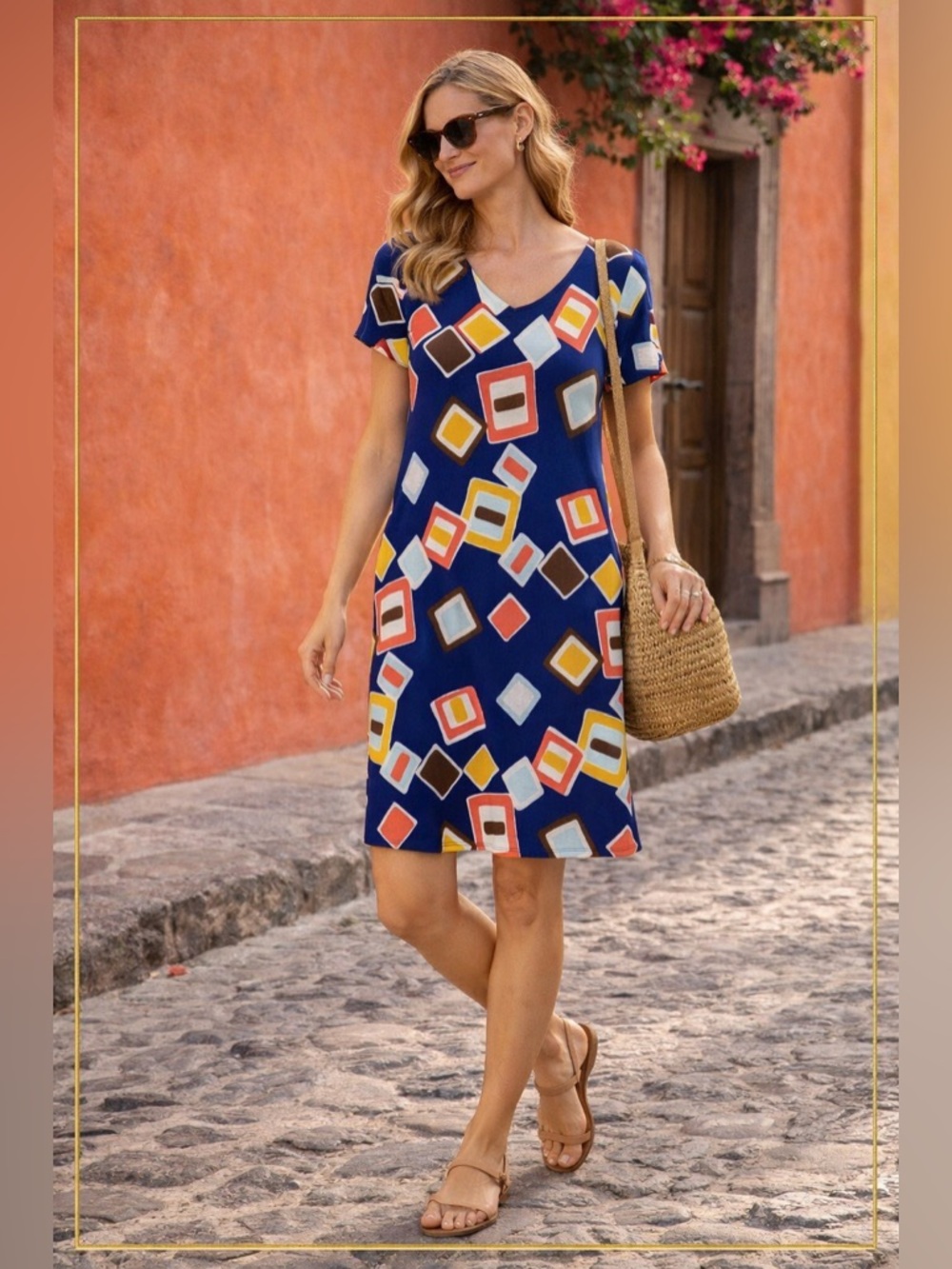Blue Geometric Print Dress 🌴 Vacation Resort  Colorful Summer Shift Dress Travel